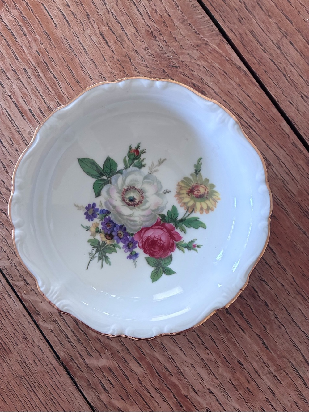 White Porcelain Floral Trinket Dish with Gold Trim